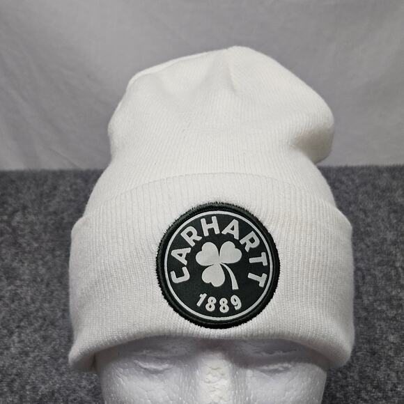 Carhartt Beanie White Shamrock 1889 Patch Knit Cuffed Hat St Patricks Day - Picture 5 of 5